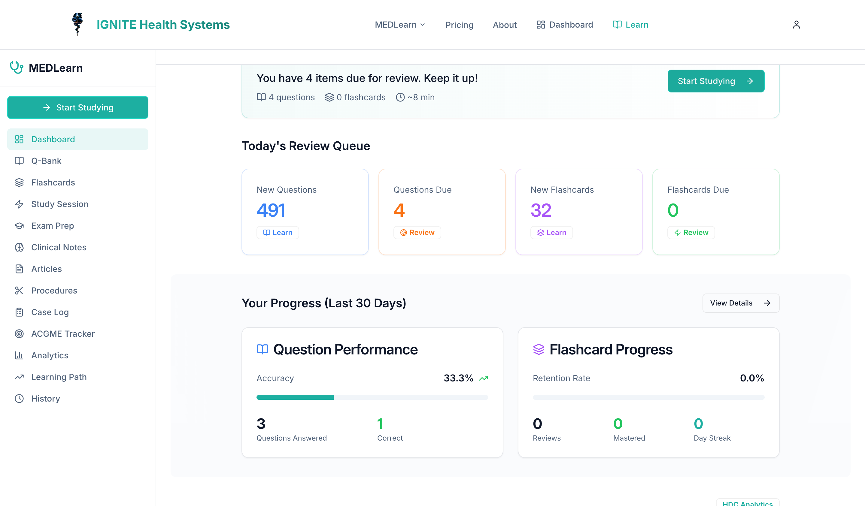 MEDLearn dashboard — questions, knowledge graph, and study schedule